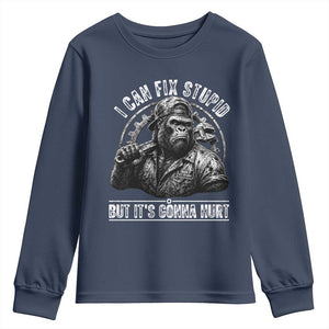Funny Gorilla Mechanic Youth Sweatshirt I Can Fix Stupid But Its Gonna Hurt TS12 Navy Print Your Wear