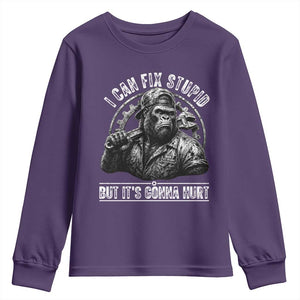 Funny Gorilla Mechanic Youth Sweatshirt I Can Fix Stupid But Its Gonna Hurt TS12 Purple Print Your Wear