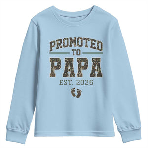 Promoted To Dad Est 2026 Camo Youth Sweatshirt Hunting Style New Dad Gift Graphic TS12 Light Blue Print Your Wear