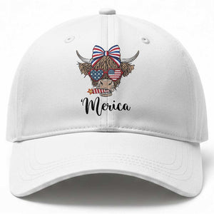 Patriotic Highland Cow Baseball Cap Merica USA Flag Farmer Gift