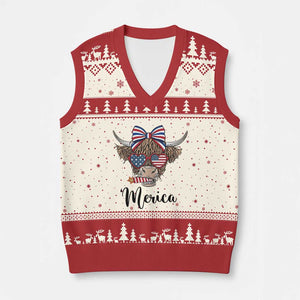 Patriotic Highland Cow V-Neck Knit Sweater Vest Merica USA Flag Farmer Gift TS12 Beige Red Print Your Wear
