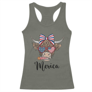 Patriotic Highland Cow Racerback Tank Top Merica USA Flag Farmer Gift TS12 Military Green Print Your Wear