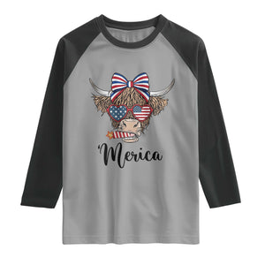 Patriotic Highland Cow Raglan Shirt Merica USA Flag Farmer Gift