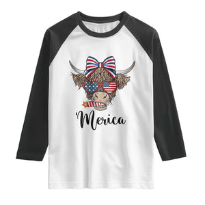 Patriotic Highland Cow Raglan Shirt Merica USA Flag Farmer Gift