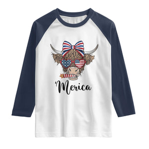 Patriotic Highland Cow Raglan Shirt Merica USA Flag Farmer Gift