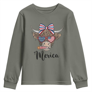 Patriotic Highland Cow Youth Sweatshirt Merica USA Flag Farmer Gift TS12 Military Green Print Your Wear