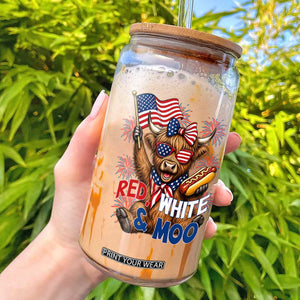 Striped Highland Cow 4th Of July Glass Can Red White And Moo