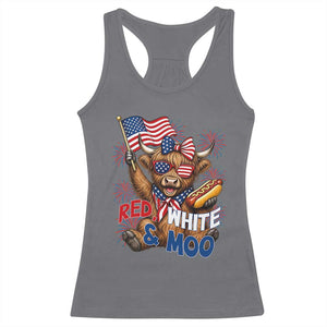 Striped Highland Cow 4th Of July Racerback Tank Top Red White And Moo