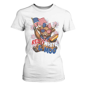 Striped Highland Cow 4th Of July T Shirt For Women Red White And Moo