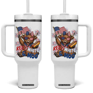 Striped Highland Cow 4th Of July Tumbler With Handle Red White And Moo