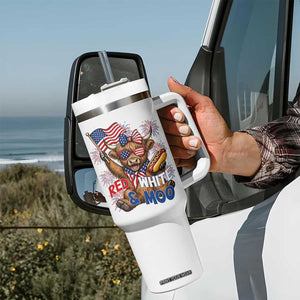Striped Highland Cow 4th Of July Tumbler With Handle Red White And Moo