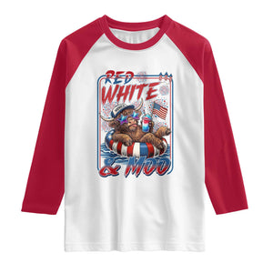 Funny Highland Cow Pool Party 4th Of July Raglan Shirt Red White And Moo
