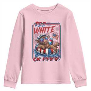 Funny Highland Cow Pool Party 4th Of July Youth Sweatshirt Red White And Moo