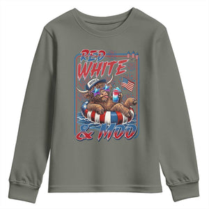Funny Highland Cow Pool Party 4th Of July Youth Sweatshirt Red White And Moo