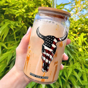 Vintage Western Cow Skull Usa Flag Glass Can Patriotic American Pride