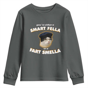 Funny Cat Farts Meme Youth Sweatshirt You're Either A Smart Fella Or A Fart Smella TS12 Dark Heather Print Your Wear