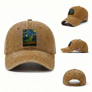 Funny Frog Washed Cotton Baseball Cap Van Gogh Style Starry Night TS12 Washed Cap Universal Fit Yellow Ochre Print Your Wear
