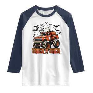 Truck Or Treat Ghost Racing Raglan Shirt Funny Halloween Monster Truck Lover TS12 White Navy Print Your Wear