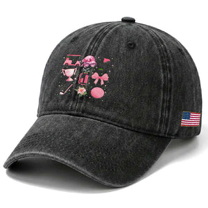 Womens Golf Lover Washed Cotton Baseball Cap Cute Pink Bow Golf Sports Gift TS12 Print Your Wear