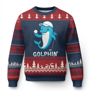 Golphin Dolphin Pun Ugly Christmas Sweater Funny Golf Gift TS12 Navy Red Print Your Wear
