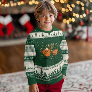 Hanukkah Sufganiyah And Latke Lifting Menorah Ugly Christmas Sweater Funny Holiday Gift TS12 Forest Green Beige Print Your Wear
