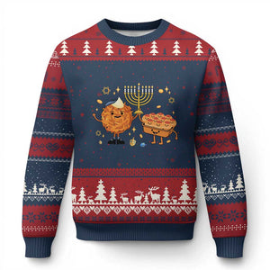 Hanukkah Sufganiyah And Latke Lifting Menorah Ugly Christmas Sweater Funny Holiday Gift TS12 Navy Red Print Your Wear
