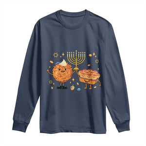 Hanukkah Sufganiyah And Latke Lifting Menorah Long Sleeve Shirt Funny Holiday Gift TS12 Navy Print Your Wear