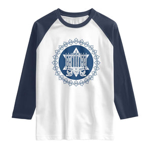 Hanukkah Vintage Menorah Peace Doves Raglan Shirt Festival Of Lights Gift TS12 White Navy Print Your Wear