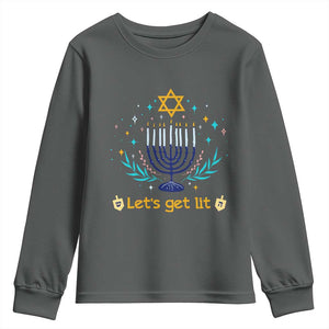 Funny Hanukkah Youth Sweatshirt Lets Get Lit Jewish Holiday Gift TS12 Dark Heather Print Your Wear