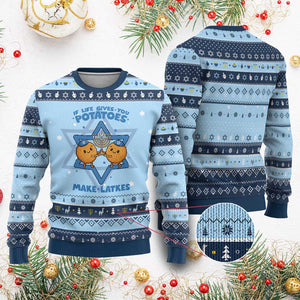 Funny Chanukkah Gift Hanukkah Ugly Sweater If Life Gives You Potatoes Make Latkes TS12 Light Blue Navy Print Your Wear