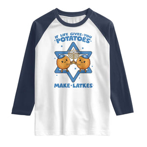 Funny Hanukkah Gift Raglan Shirt If Life Gives You Potatoes Make Latkes TS12 White Navy Print Your Wear