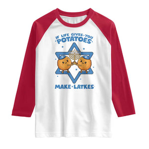 Funny Hanukkah Gift Raglan Shirt If Life Gives You Potatoes Make Latkes TS12 White Red Print Your Wear