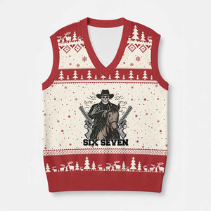 Six Seven Meme Skeleton Cowboy V-Neck Knit Sweater Vest Funny Western Gift TS12 Beige Red Print Your Wear