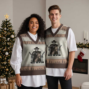 Six Seven Meme Skeleton Cowboy V-Neck Knit Sweater Vest Funny Western Gift TS12 Mocha Mousse Print Your Wear