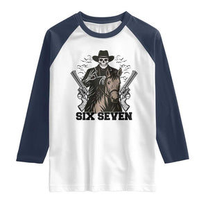 Six Seven Meme Skeleton Cowboy Raglan Shirt Funny Western Gift TS12 White Navy Print Your Wear