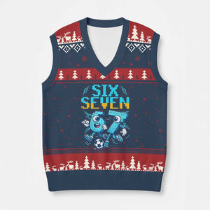 Funny Six Seven Pixel Playing Soccer V-Neck Knit Sweater Vest Gen Z Alpha Gift TS12 Navy Red Print Your Wear