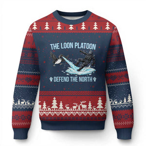 The Loon Platoon Defend The North Ugly Christmas Sweater Minnesota State Bird Rebel TS12 Navy Red Print Your Wear