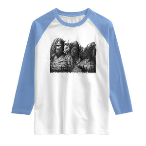 Cryptid Mount Rushmore Raglan Shirt Bigfoot Mothman Jersey Devil Chupacabra TS12 White Carolina Blue Print Your Wear