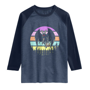 Retro Sunset Mothman Easter Egg Hunt Raglan Shirt Cryptid Lover Gift TS12 Heather Denim Navy Print Your Wear