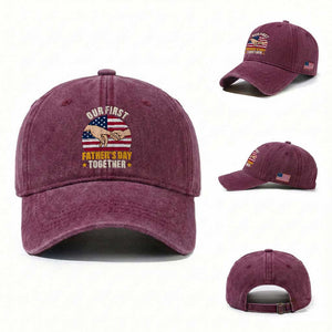 Our First Fathers Day Together Washed Cotton Baseball Cap Patriotic New Dad Gift TS12 Washed Cap Universal Fit Burgundy Print Your Wear