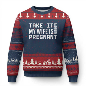 Funny Dad To Be Gift Ugly Christmas Sweater Take It Easy On Me My Wife Is Pregnant TS12 Navy Red Print Your Wear