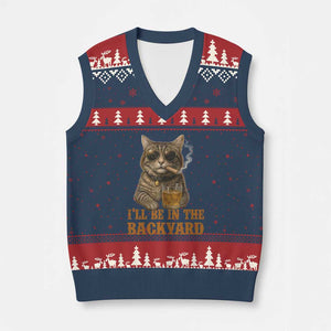 Funny Cat Bourbon Lover V-Neck Knit Sweater Vest I Will Be In The Backyard Cigar Meme TS12 Navy Red Print Your Wear
