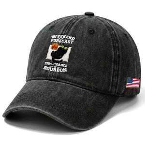 Funny Cat Drinking Washed Cotton Baseball Cap Weekend Forecast 100% Chance Of Bourbon TS12 Print Your Wear