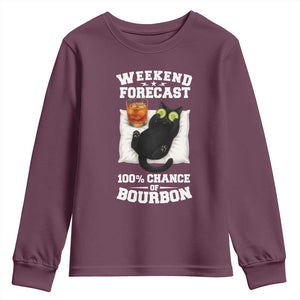 Funny Cat Drinking Youth Sweatshirt Weekend Forecast 100% Chance Of Bourbon TS12 Maroon Print Your Wear