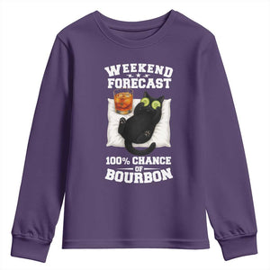 Funny Cat Drinking Youth Sweatshirt Weekend Forecast 100% Chance Of Bourbon TS12 Purple Print Your Wear