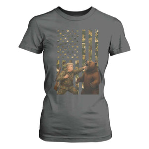 Funny Trump Vs Bear Showdown T Shirt For Women American Flag Hunter Gift TS12 Dark Heather Print Your Wear
