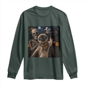 Funny Skeleton Selfie Siamese Cat Long Sleeve Shirt Halloween Spooky Cat Lover Gift TS12 Dark Forest Green Print Your Wear
