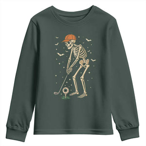 Halloween Skeleton Golfer Youth Sweatshirt Funny Golf Lover Gift TS12 Dark Forest Green Print Your Wear