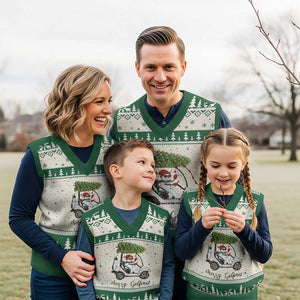 Funny Xmas Golf V-Neck Knit Sweater Vest Snowman Driving Golf Cart Merry Golfmas TS12 Beige Green Print Your Wear