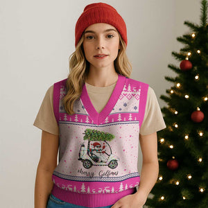 Funny Xmas Golf V-Neck Knit Sweater Vest Snowman Driving Golf Cart Merry Golfmas TS12 Hot Pink Print Your Wear